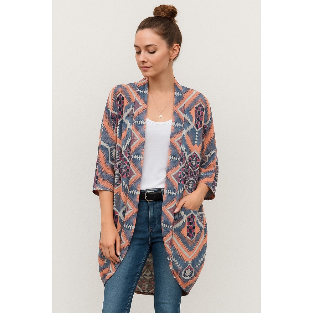 Anthropologie E by Eloise Sheer Cocoon Kimono Geometric Print One Size NWOT